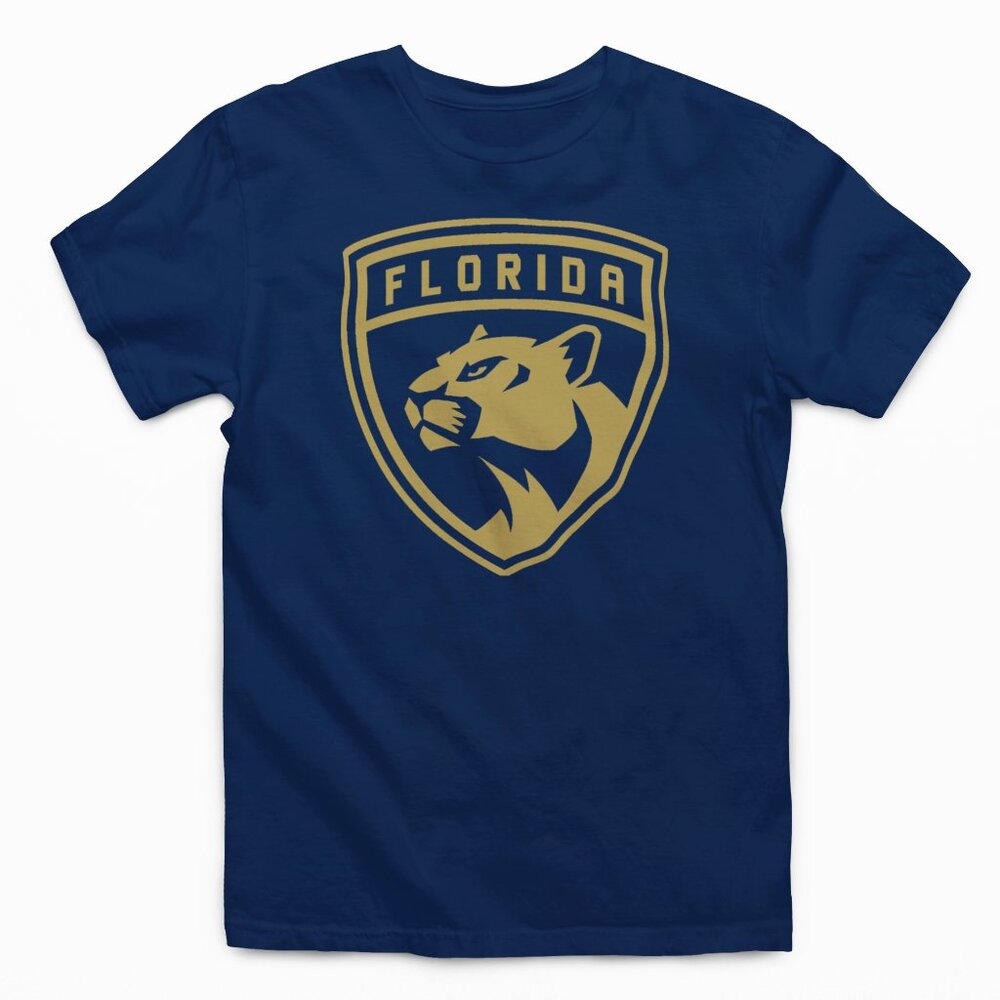NEW Florida Panthers Monochrome Gold Team Color Pop Shield Big Logo T-Shirt NAVY